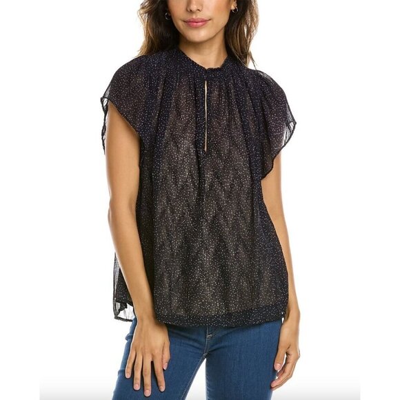 VINCE Starry Dot Semi Sheer Short Sleeve Blouse Blue Womens Size Small - Picture 1 of 9